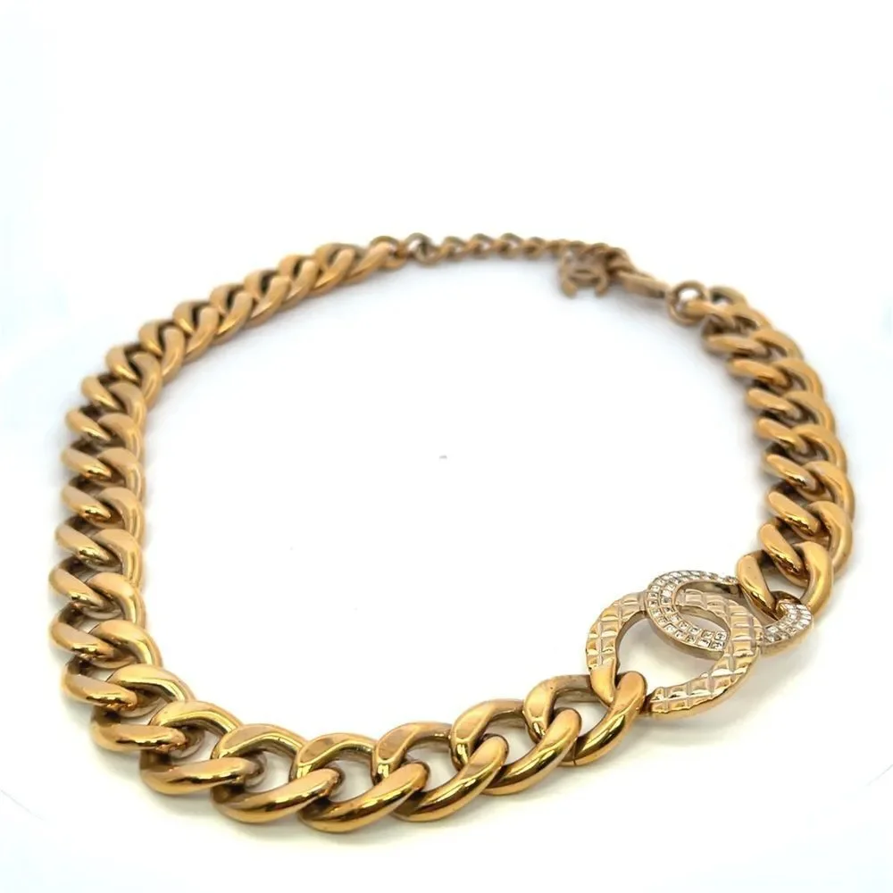 Chanel REV Gold Golden Cuban Link Chain Crystal CC Logo Choker Pendant Necklace